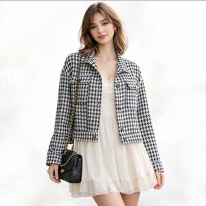 Sanctuary Wool Blend Ashly Buffalo Plaid Shacket Jacket Black & White